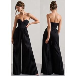 NWT Club L London Lorelai Strapless Corset Plisse Wide Leg Jumpsuit Black US 2